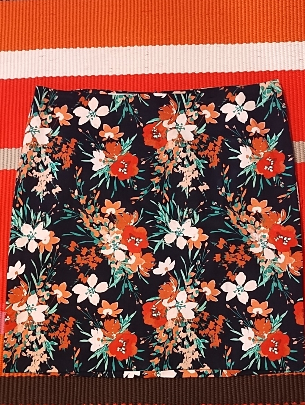 Talbots Like New Size 12P Black Floral Mini Skirt with Orange and White Blooms.